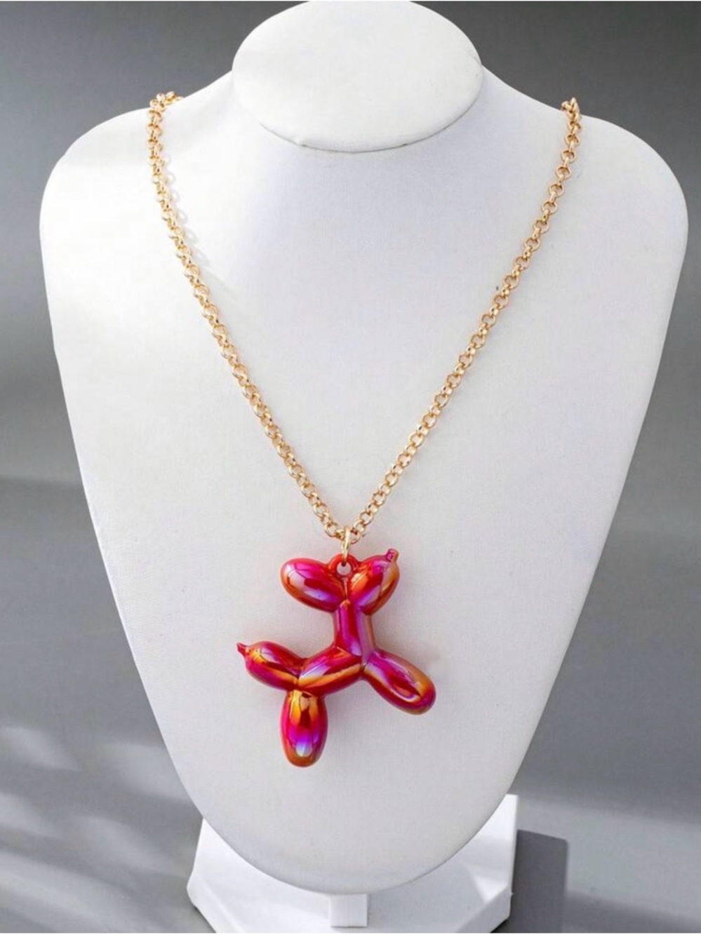 Gold Chain Necklace with Pink Iridescent Balloon Dog Pendant